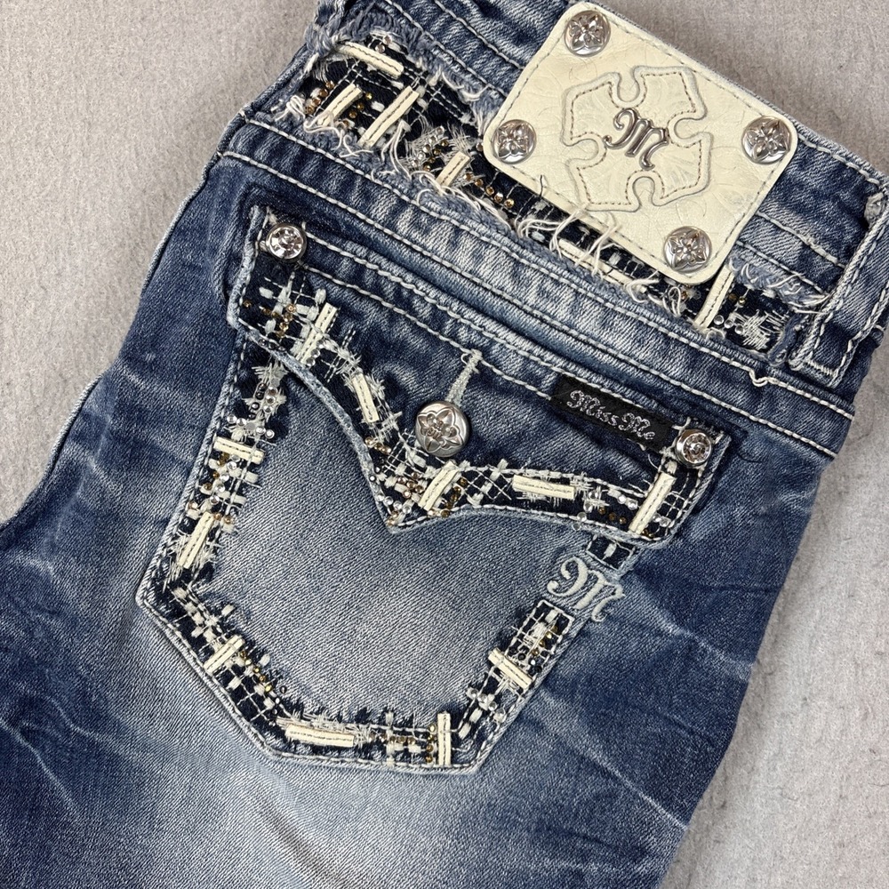 Miss Me Signature Boot Jeans Women 32x31 Blue Embellished Flap Pocket Y2K Blingy